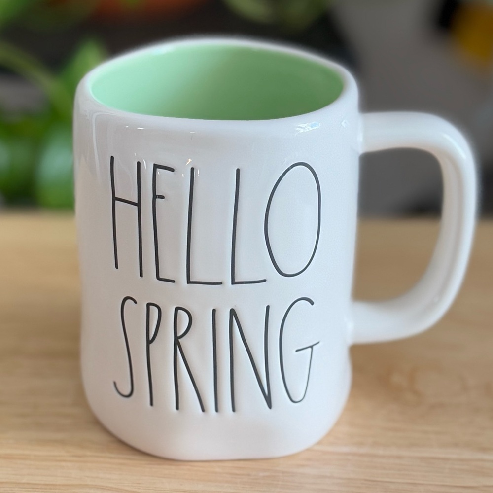 Rae Dunn Hello Spring White Mug Green Interior 16 ounce Farmhouse Colorful